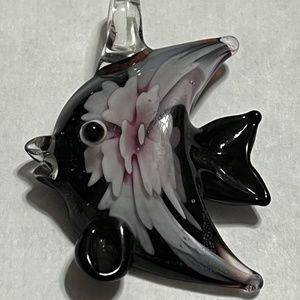 Vintage Glass Pendant Necklace, Exotic Fish Aquatic Purple Amethyst Flower.